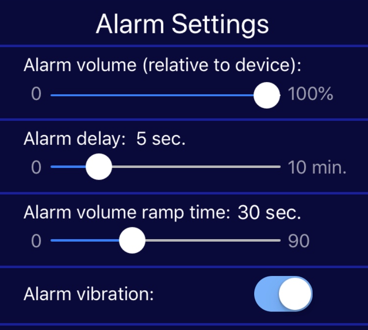 Alarm controls in the settings view